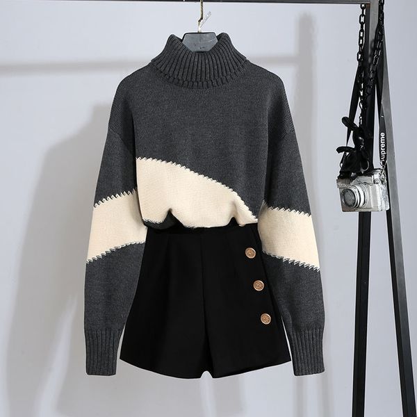 

2021 new spring fall 2 female turtleneck long sleeve shirts + irregular high fashion shorts y446 nx4h, Gray