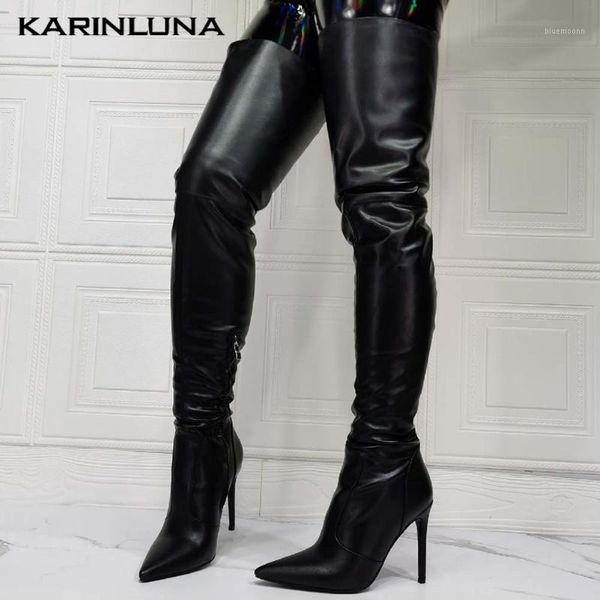 

karin high qulity shoes women new trendy thigh high boots pointed toe thin heels zip stretch quality women boots1, Black