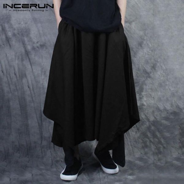 

incerun fashion men harem pants elastic waist solid color joggers baggy irregular skirts trousers streetwear pants men 2021 5xl, Black