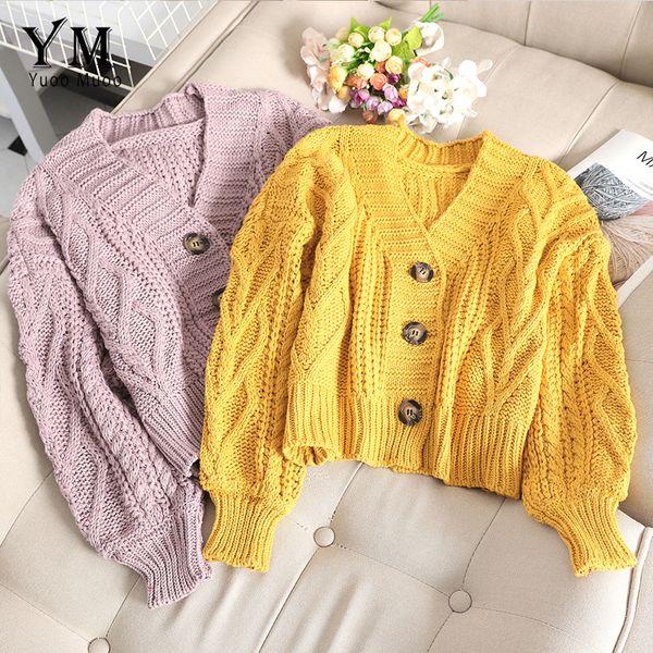 YuOomuoo Mulheres Chic Cardíbomo Cardigan Sweater Outono 2019 Knitwear Curto Cardigan Girl Manga Longa Twist Crochet Top Pull Femme Y200722