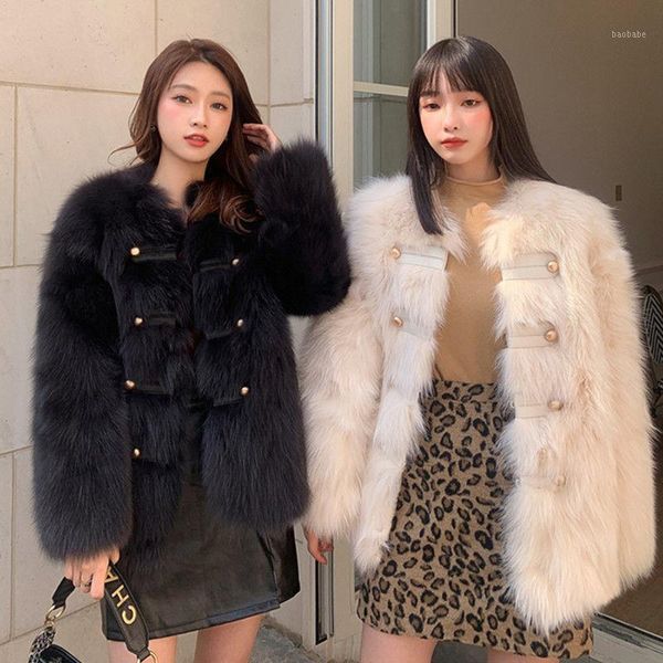 

winter 2021 women furry faux fur coat women metal button coat warm round neck long sleeve female outerwear jacket1, Black