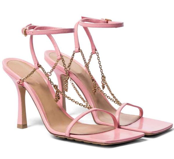 

bridal wedding dress summer brand stretch leather sandals shoes stiletto heels women chain embellishment rubber-injected outsole pumps lady, Black