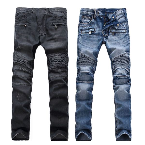

godlikeu jeans men's slim-fit straight zipper decorated motorcycle pants, Blue