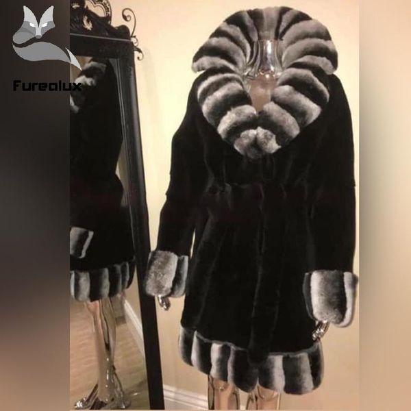 

furealux women real rex fur coat with hood natural rex fur jacket winter casual style furry overcoat, Black