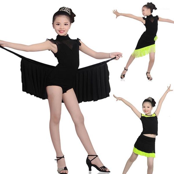 

girls junior latin dance dress fringe salsa ballroom dress kids modern show case performance dance wear1, Black;red