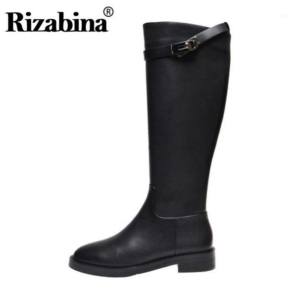 

boots rizabina simple solid color knee high for women side zipper round toe flats shoes real leather footwear size 33-401, Black