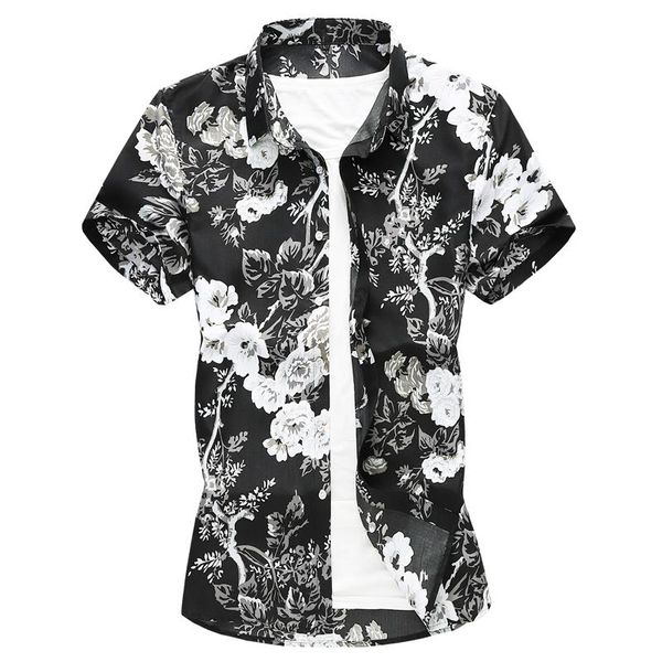 

tide summer men black floral printed hawaiian vacation party short sleeve shirts hip hop male casual shirt plus size 5xl 6xl 6xl, White;black