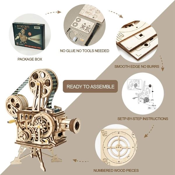 

robotime 183pcs retro diy 3d hand crank film projector wooden model building kits assembly vitascope toy gift for children y200413