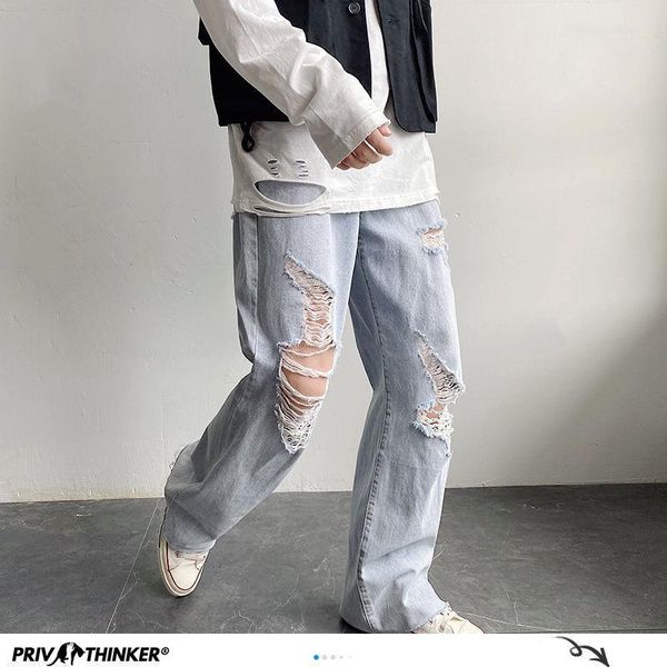 

man streetwear full length summer jeans mans hole 2020 straight korean collage jeans woman couple loose denim pants1, Blue