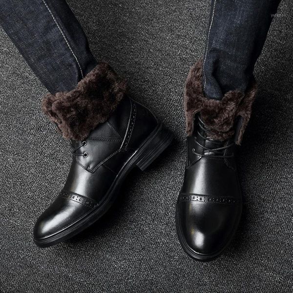 

men boots autumn winter natural leather boots lace-up men shoes warm plush fur winter shoes waterproof ankle1, Black