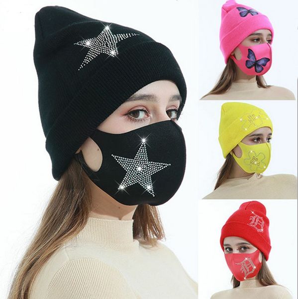 

women knitted hat letters butterfly diamond designers candy color winter warm hat ice silk face mask outdoor ski cap masks set e112103, Black;white