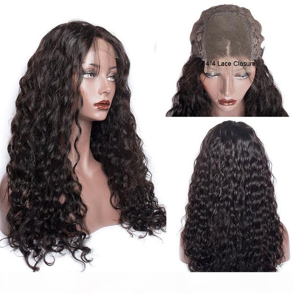 

water wave human hair wigs 4*4 lace closure brazilian virgin pre plucked natural hairline black color hair wigs for black women angelawigs, Black;brown