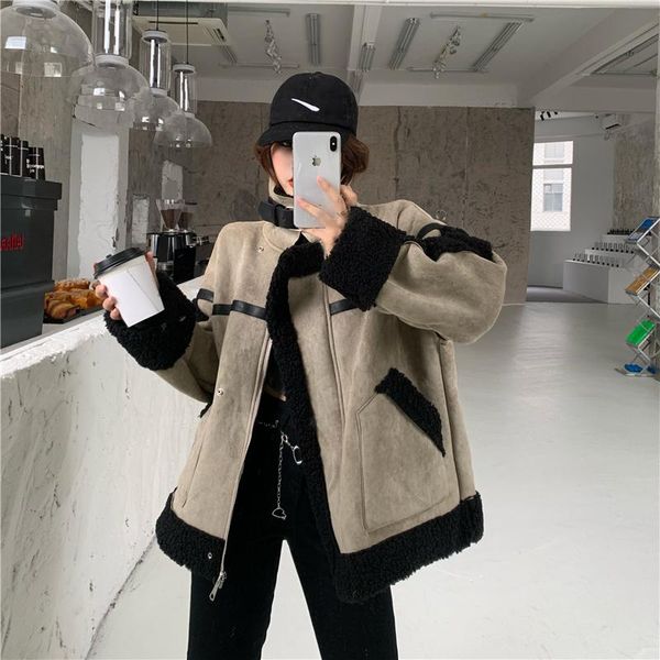 

women's leather & faux locomotive wear winter lamb coat autumn and versatile, Black