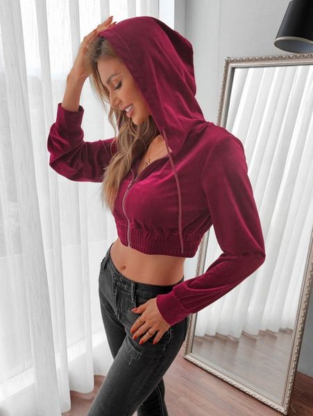 

velvet zip up drawstring crop hoodie c81p#, White;black