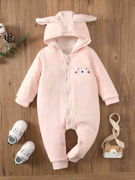 

baby cartoon embroidery 3d ear design teddy lined hooded zipper jumpsuit she, Blue