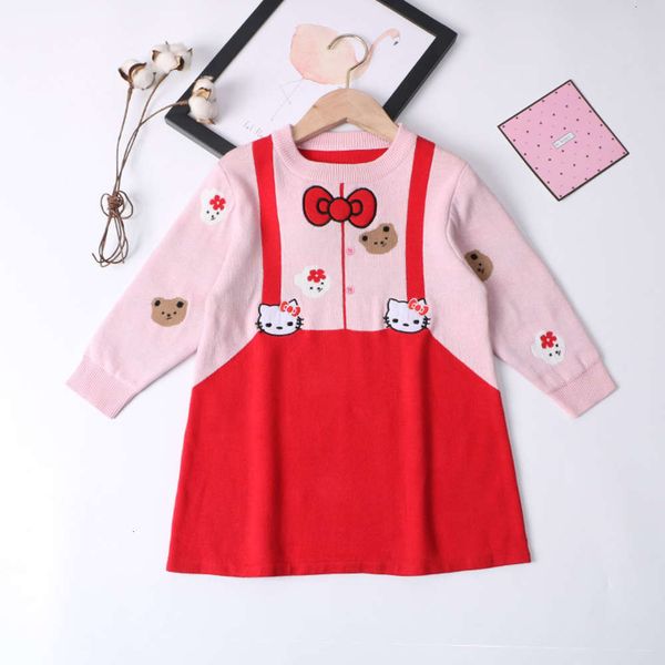 

and children's autumn winter new cotton fake two girls kt bow knitted long sve wool drs, Red;yellow