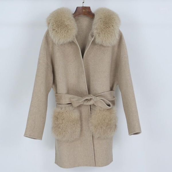

oftbuy 2020 cashmere wool blends real fur coat winter jacket women natural fur collar pocket loose outerwear belt streetwear1, Black