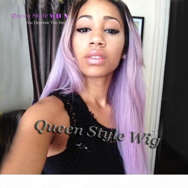 

synthetic lavender color long straight hair wig with black roots light purple color glueless lace front wigs for black woman
