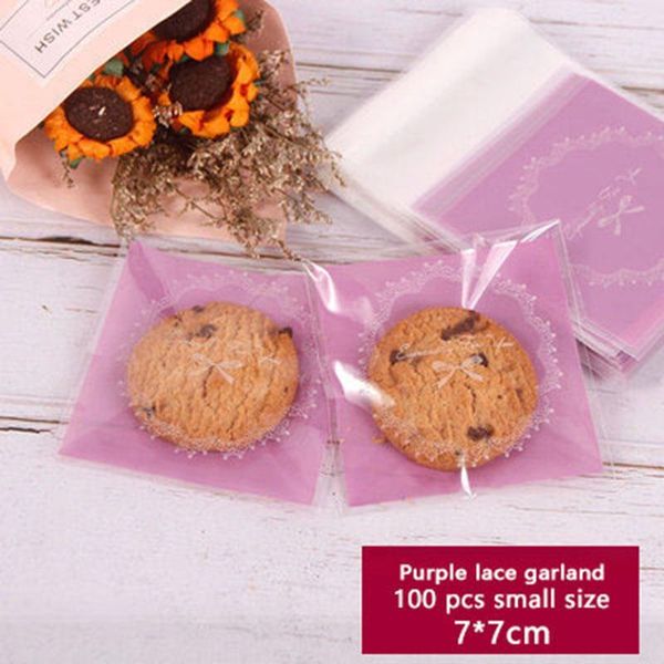 

gift wrap 100pcs cookies self adhesive packaging bag transparent purple bottom white wreath soap biscuits wedding birthday party bag1