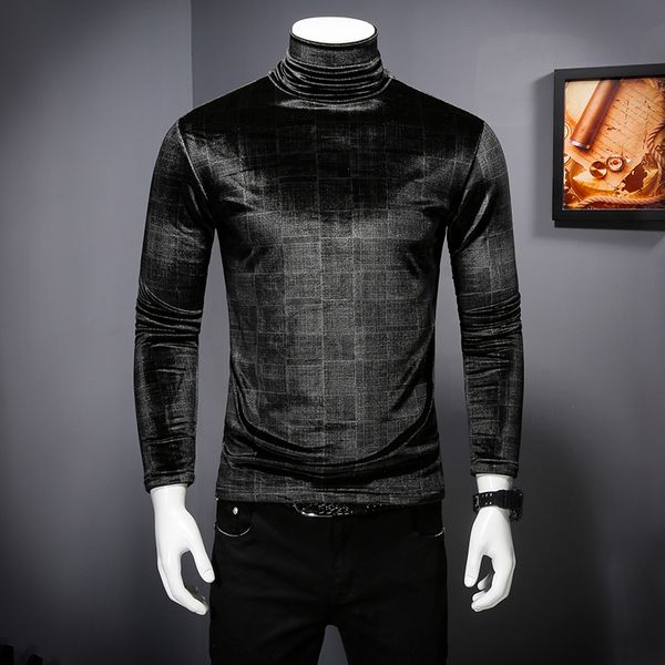 

new winter men's korean velvet double layer plus velvet high collar long-sleeved t-shirt fashion youth men's shirt, White;black