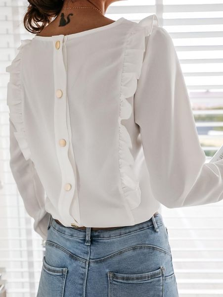 

white/black/ blouses plus size back button up long sleeve o-neck frill blouse 2021 fashion women's blouses