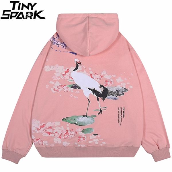 

mens autumn streetwear hip hop hoodie crane floral printed sweatshirt pink cotton fleece loose pink hooded pullover 201104, Black