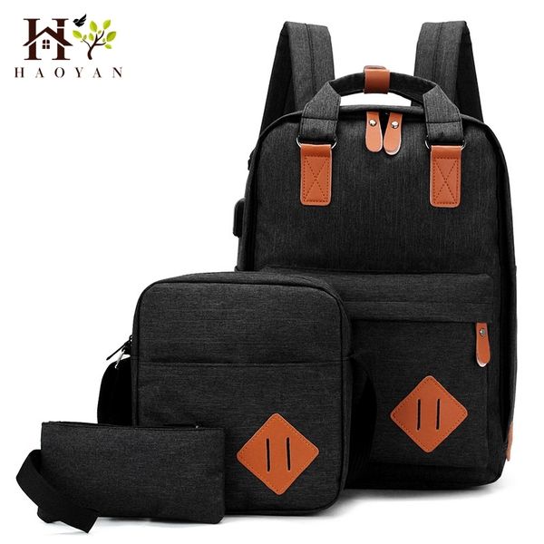 

haoyan nylon men's 15.6 inch lapbackpack large-capacity 3pcs/set travel backpack student backpack bag y200107