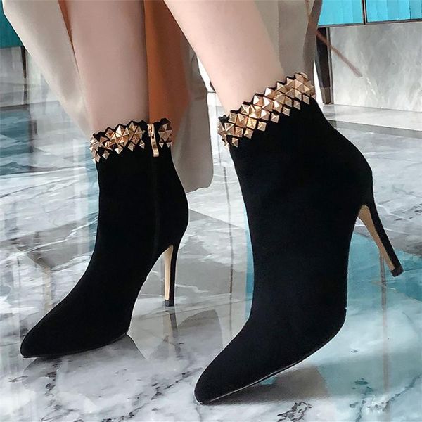 

ankle boots suede sheepskin women shoes glitter boots new fall celebrity same style big-name stiletto heel pointed rivet leather, Black