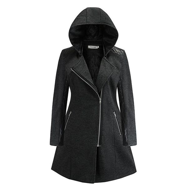 

balck grey women wool blazer pockets zipper long coats oversize pockets long sleeve hooded coat outerwear, Black