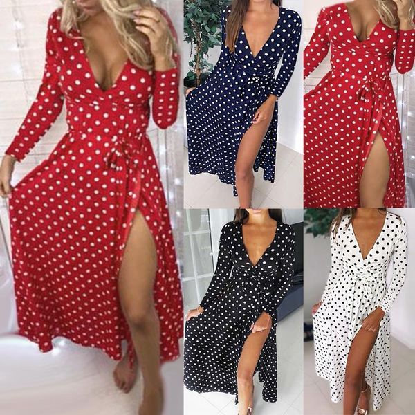 

s-3xl women beach polka dot bandage high split deep v long sleeve maxi dress length vestidos summer dresses party vestido, Black;gray