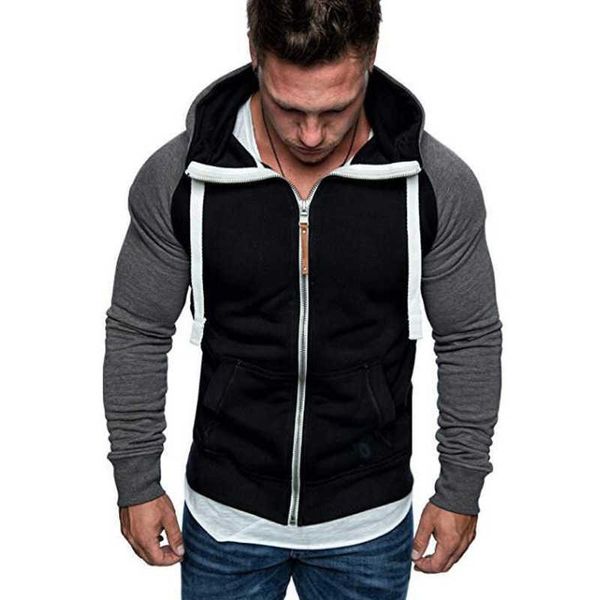 

men's hoodies & sweatshirts sweatshirt men casual slim fit male long sleeve zipper patckwork hoodie sportswear hoody clothing, Black