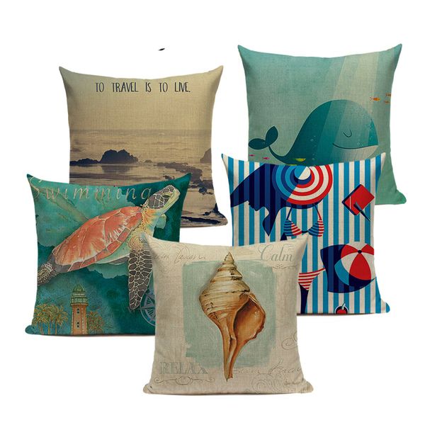 

ocean sea conch retro style cushions cover decorative pillows for sofa bed car home woven linen throw pillow case