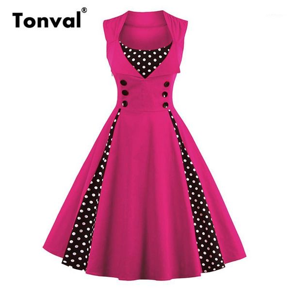 

tonval elegant polka dot sleeveless pin up vintage retro dress women button summer party plus size 4xl 5xl cotton dresses1, Black;gray