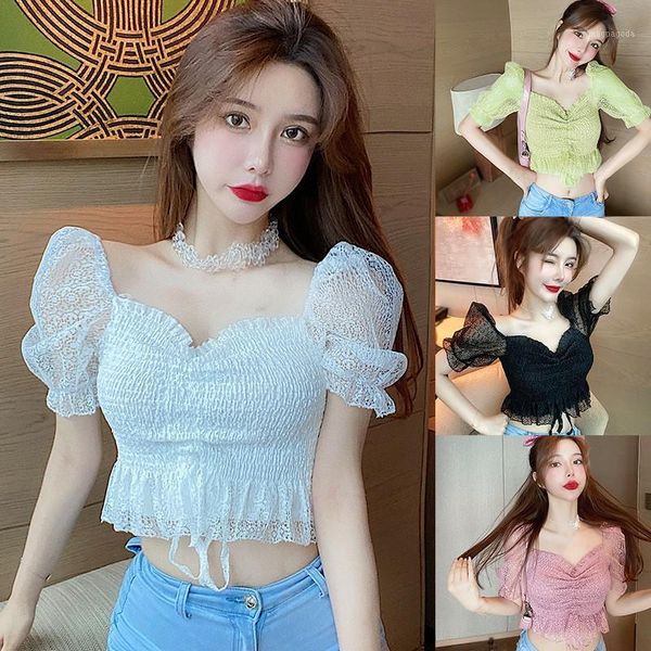 

women's elegant blouses square collar summer short sleeve solid color sweet korean style shirts 20201, White
