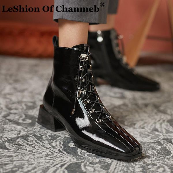 

genuine leather boots women gloss square toe autumn winter ankle boots shoes woman ladies size 34-42 short booties, Black