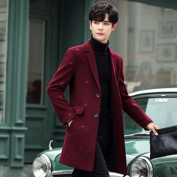 

men wool trench coat jacket 2020 autumn winter embroidery casual slim fit long coats brand clothing male overcoat1, Black