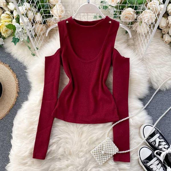 

women hollow out knitted t-shirt vintage solid black/red long sleeve off shoulder short casual round neck t shirt 20201, White