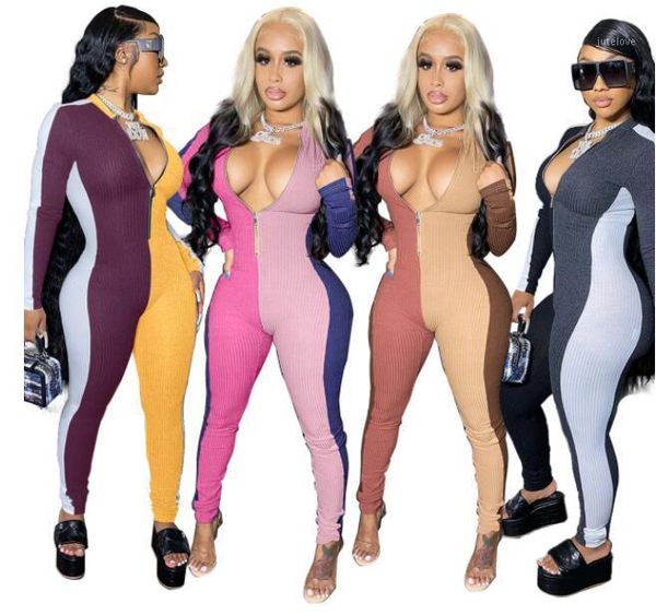 

2020 autumn winter long sleeve jumpsuit women active wear high waist rompers patchwork night club one piece overalls1, Black;white