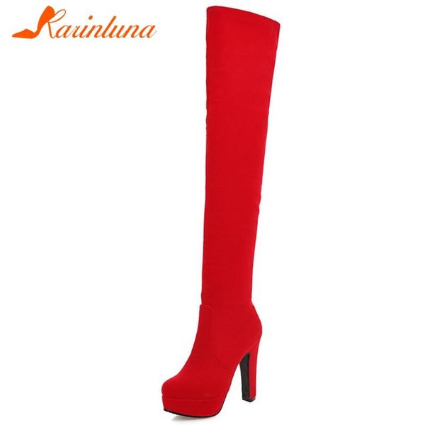

karin 2021 new arrivels fashion shoes concise spike heels flock red zipper thigh high boots platform autumnn winter, Black