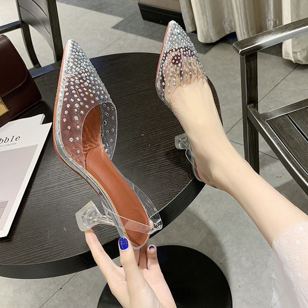 

transparent crystal wedding party shoes for women high heels sandals thin heels slingback pumps women shoes autumn womne shoes y200111, Black