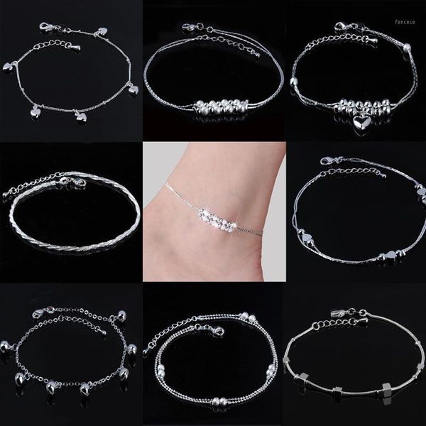 Fußkettchen Damen Perlen versilbert Fußkettchen Herz/Gänseblümchenblume/Seil/Glocke Fußkette Knöchelarmband Barfußsandalen Sommerschmuck1