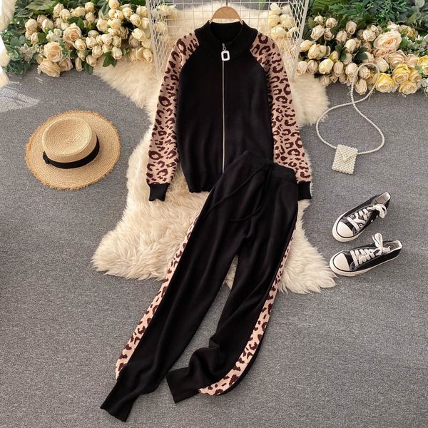 

2021 new female fall retro leopard winter mesh the long neck cardigan + casu pants high pieces together h0sd, Gray