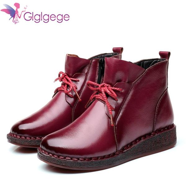 

boots glglgege autumn vintage genuine leather handmade for women flat low heel winter boot shoes soft lace-up ankle woman, Black
