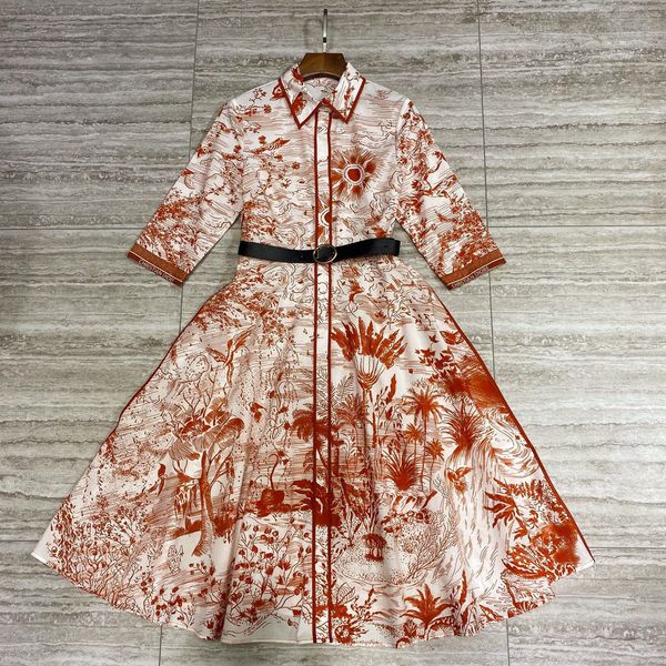 

2020 new lady's style shirt collar short belt waist close printing swing medium length cotton dress, Black;pink