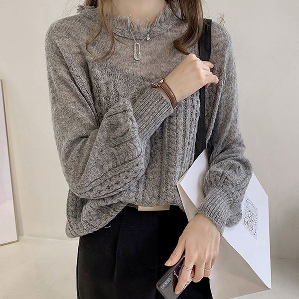 

2021 spring new retro threaded mohair sweater women's loose pullover lazy style long-sleeved tassel sweaters winter for female j0fz, White;black