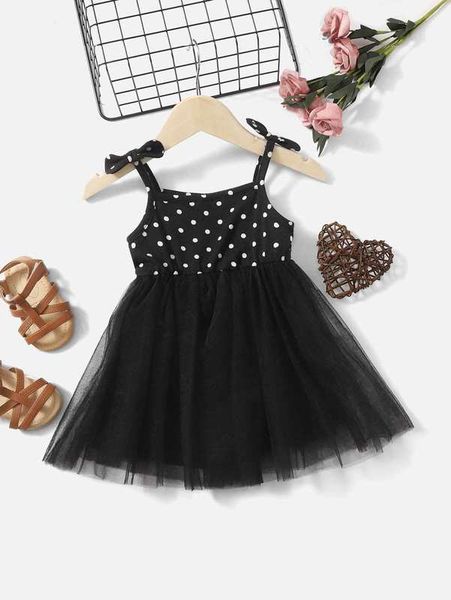 

baby polka dot bow detail mesh hem cami dress she, Red;yellow