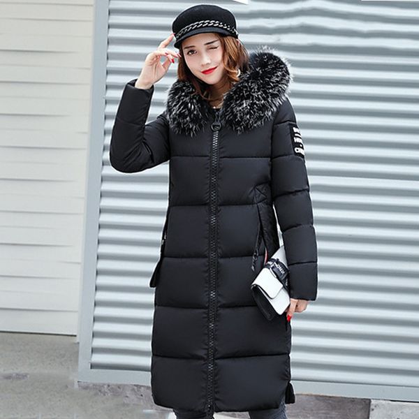 

2021 newx-long slim bubble jacket women winter style thick hooded with fur collar plus size female coats giacca donna x2uv, Black