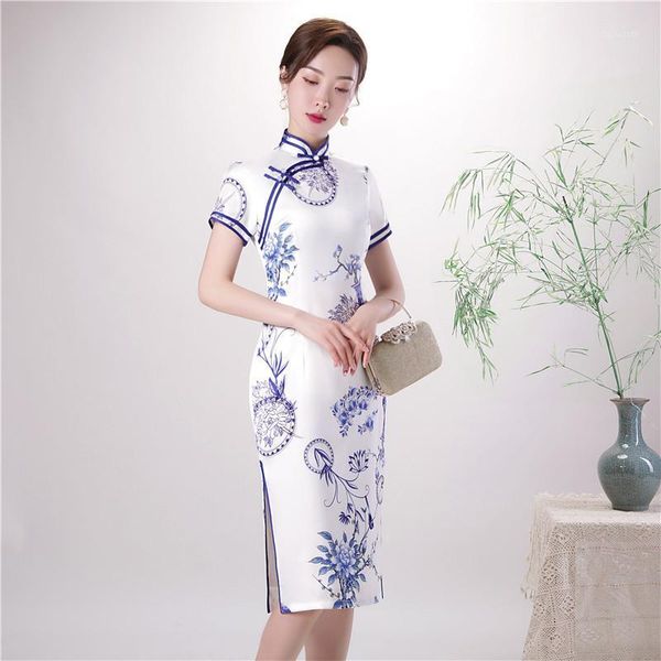 

lady slim oversize 4xl chinese style party prom dress satin mandarin collar short qipao print flower cheongsam vestidos1, Red