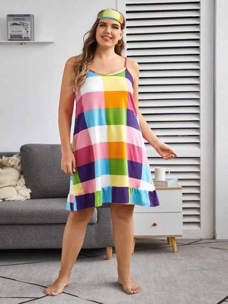 

plus ruffle hem colorful plaid cami dress b1f9#, Black;white