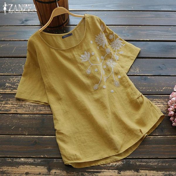 

summer cotton linen blouse 2020 zanzea vintage embroidery women short sleeve shirts female o neck blusas tunic chemis s-5xl1, White